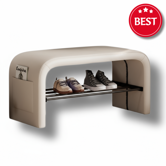 [HOMNEE] 2단 슈벤치 틈새수납 신발장 의자 벤치 스툴, 베이지 60x35x38