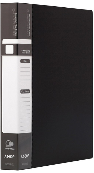 프로비즈 3공 O링 클리어파일 바인더화일 60매, 1개, 블랙