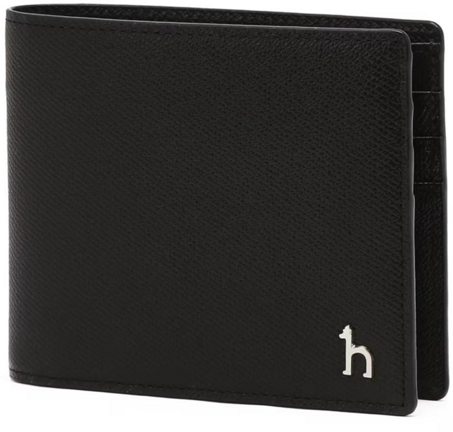 헤지스 남성 블랙 천연 소가죽 로고 클래식 데일리 2단 반지갑