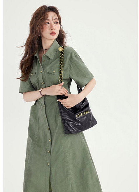 COSYEVNO 반팔 셔츠 원피스 허리 조임 패션 캐주얼 여름 카고 미디 스커트