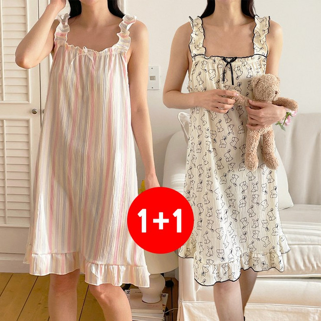 1+1 세트 민소매 곱창 나시 여성 잠옷 원피스 파자마 홈웨어 단가라 토끼