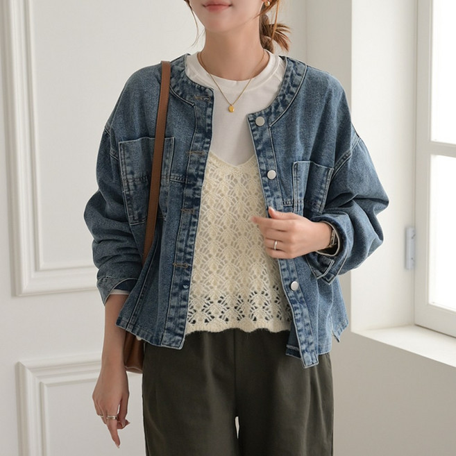 데일리앤 브로드 노카라 루즈핏 오버핏 데님 자켓 캐주얼 봄 가을 간절기 아우터 여성 청자켓