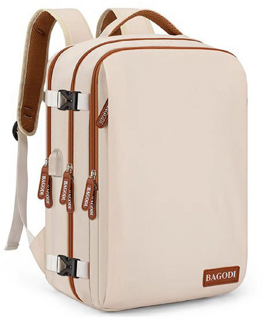 BAGODI 旅行背包 40L大容量 登機包 17吋筆電隔層 米白色, 米色