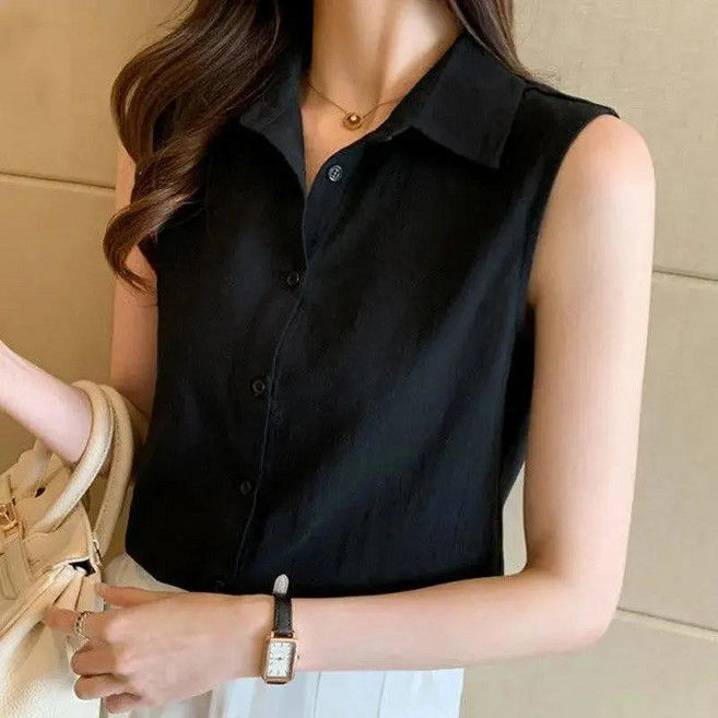 襯衫無袖女夏純色寬鬆洋氣打底背心上衣
