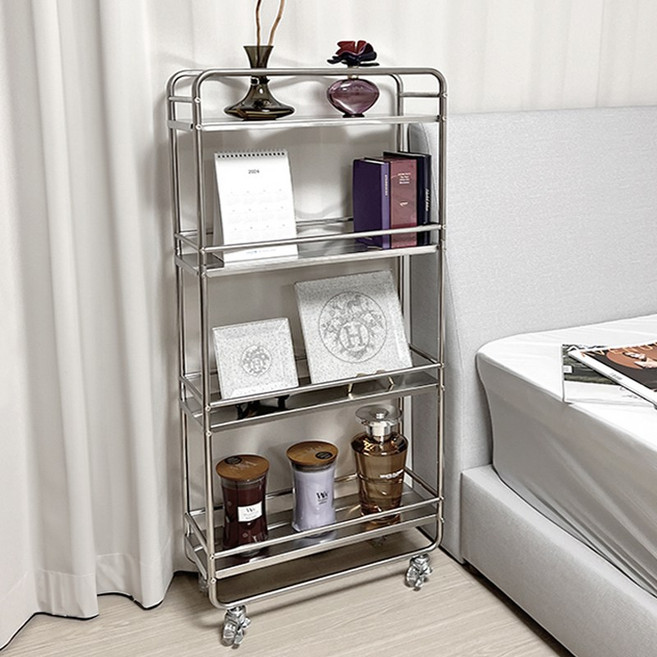 로얄다이아 이동식 스텐트롤리 미드센츄리 4단 와이드 웨건 카트, 스테인레스 트롤리 4단 와이드 - 크리스탈바퀴