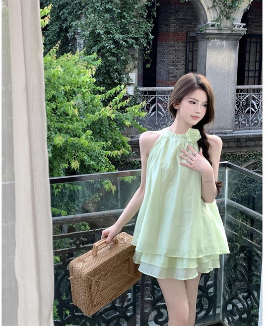 女夏季無袖襯衫上衣/綠色裙褲兩件套 溫柔風氣質連身裙洋裝