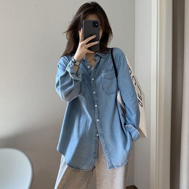 Neirny 여성 데님 셔츠 긴팔 봄가을 간절기 루즈핏 스판 심플 기질 패션 아우터 청남방 상의