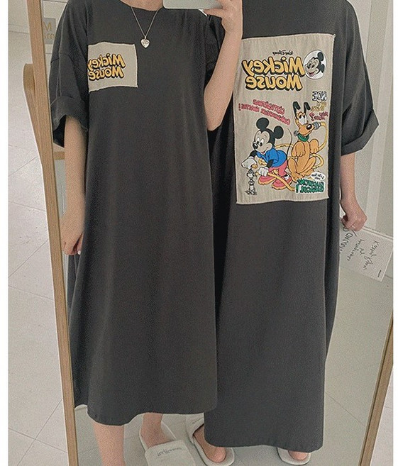 뽀솜 [자체제작 디즈니정품] 미키&플루토 패치 오버핏 롱원피스 잠옷 홈웨어