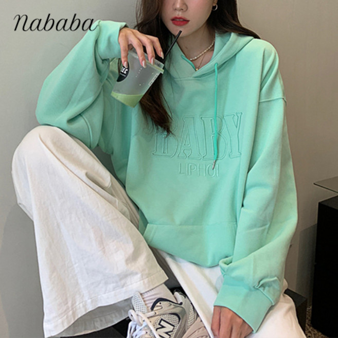 나바바 NT1462 여성 산뜻 레터링 자수 긴팔 후드 맨투맨