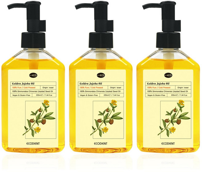 [에코디언트] 100% 퓨어 골든 호호바 오일, 3개, 220ml
