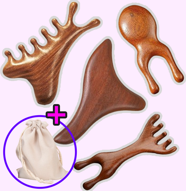 leoq 나무 얼굴 두피 발바닥 경락 괄사 마사지기 괄사빗, 우드브라운, 1세트