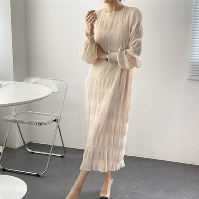 바이미니 라운드넥 물결 링클 프리 롱 원피스