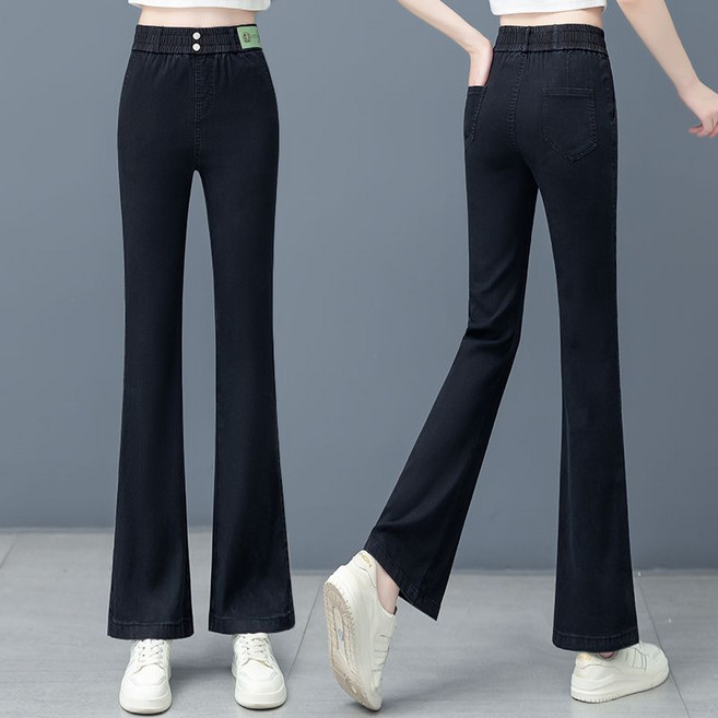 페이준 여성 봄 여름 얇은 하이웨스트 플레어 청바지 허리밴딩 날씬해 보이고 편안한 청바지 YJ3762