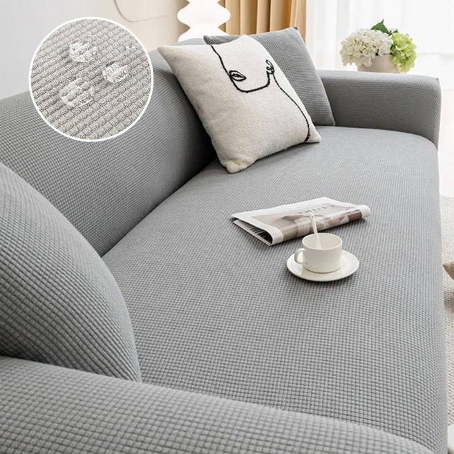 [생활방수] 커버무드 와플 소파 커버 + 자체제작 고정 스펀지, 1개, 라이트 그레이