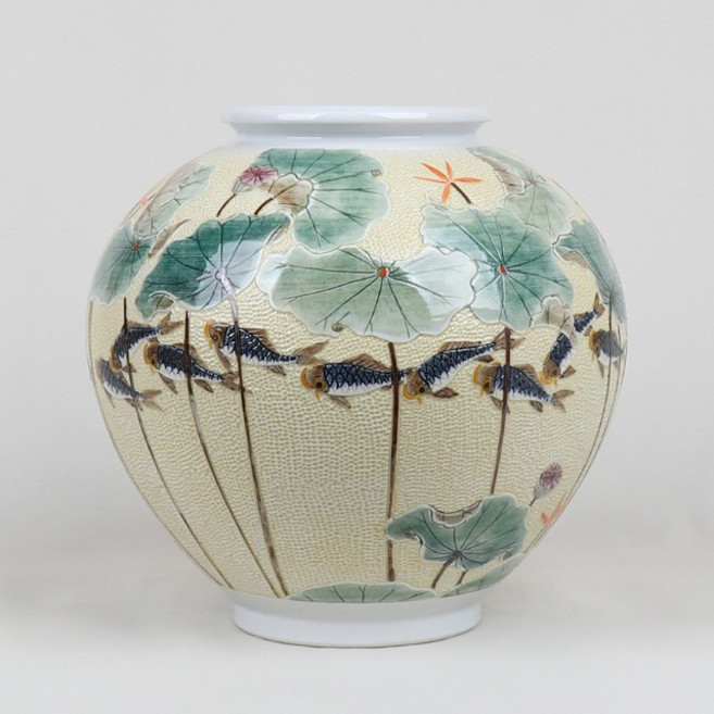 점묘 백자 연잎 어문 단지 달항아리 30cm X 29cm 고급 작품 도자기