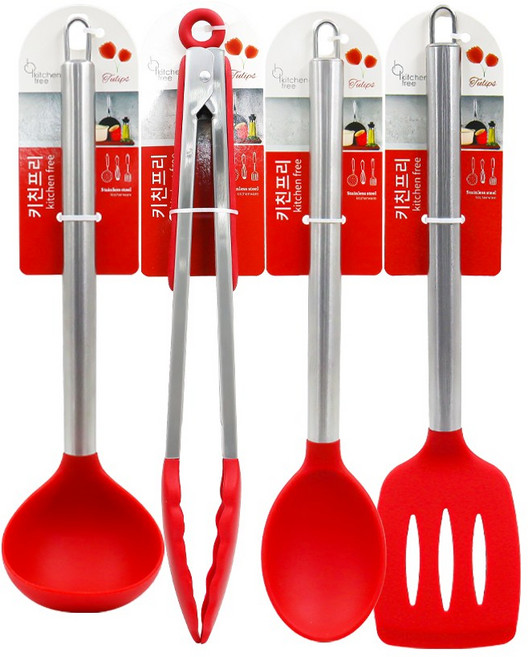 키친프리 실리콘 조리도구, 1세트, 국자+뒤집게+볶음스푼+집게(대)