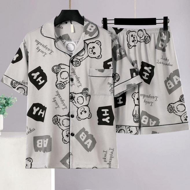 男士睡衣 短袖卡通眼鏡熊兩件套家居服套裝