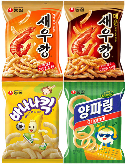 [다담] 농심 스낵 새우깡+매운새우깡+바나나킥+양파링 2봉씩 총8봉지, 1개