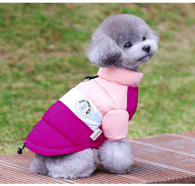 강아지 고양이 겨울옷 양면 땡땡이 경량 기모 하네스 조끼 패딩, 1개, 핑크