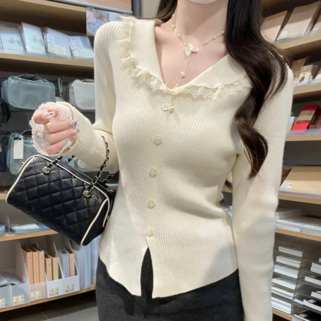 야오야오 둥근 카라 레이스 버튼 밑단굴림 슬림핏 골지 니트