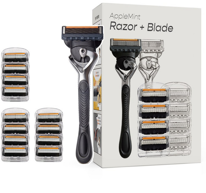 비브랜드 애플민트 면도기+5중 면도날 질레트 퓨전 프로글라이드 호환, 1세트, 면도기+면도날 12개입