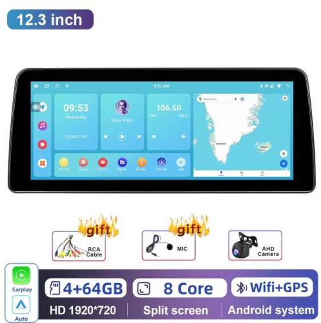 카플레이 모니터 블루투스 네비게이션 블랙박스 후방카메라 Podofo 차량용 스테레오 BMW WIFI FM GPS 무선 안드로이드 오토 2din 10.25 12.3 인치, 12.3inch AHD