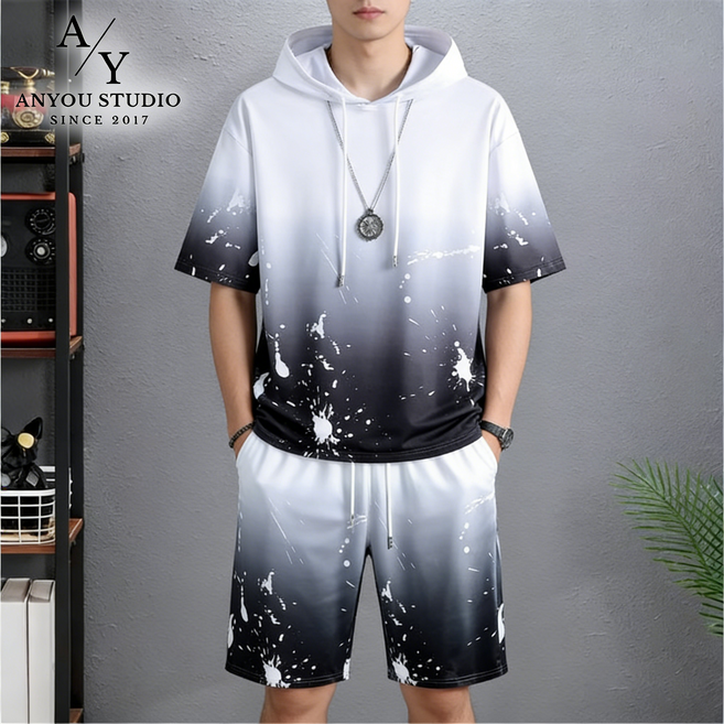 ANYOU 남성 여름 반팔 티셔츠 & 바지 세트 시원하고 스타일리시한 디자인