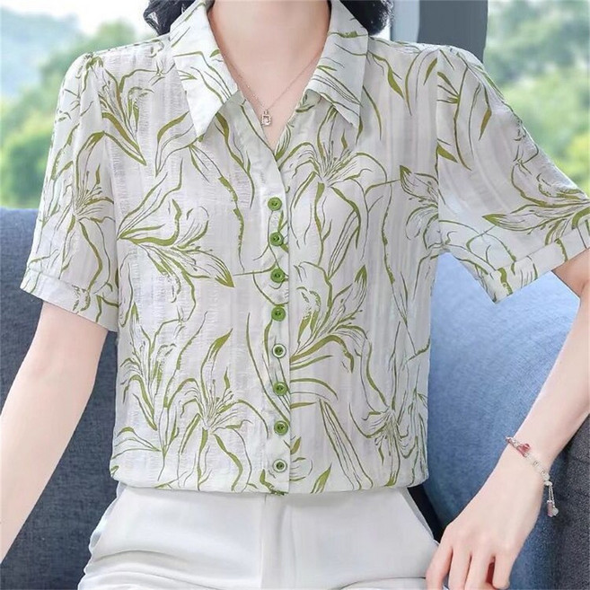 TKX 여성 반팔 셔츠 오피스 캐주얼 꽃무늬 루즈핏 여름 통기성 블라우스 우아한 정장