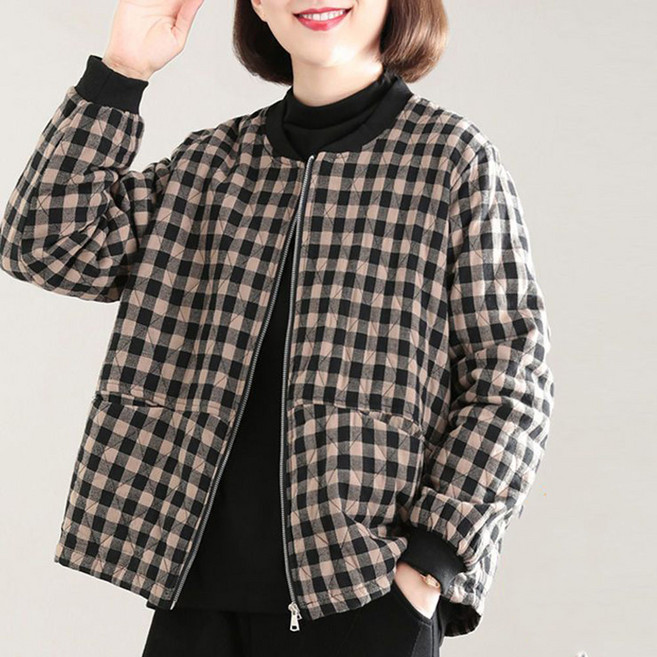 ROYALBELLE 여성 체크 자켓 지퍼 긴팔 퀼팅 자켓 라운드넥 숏 루즈핏 경량 패딩 아우터 V090505