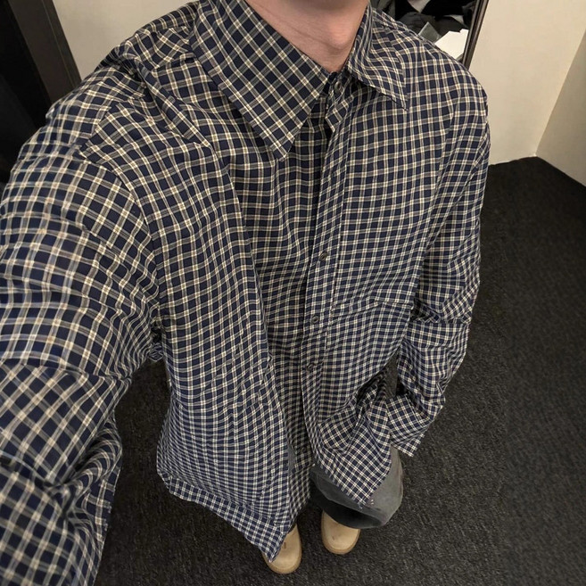 【美式復古】格子襯衫 男款襯衫 長袖襯衫 翻領襯衫 外套襯衫 春秋上衣 黑色格紋 棉質面料 百搭Cleanfit 休閒通勤