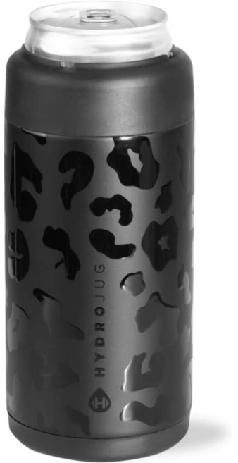HydroJug 슬림 캔 쿨러 - 2-in-1 단열 캔 쿨러 컵 - 미끄럼 방지 고무 베이스가 있는 스테인리스 스틸 슬림 캔 홀더 - 나사 탑 뚜껑 - 식기세척기 사용 가능 -, 슬림 355ml(12온스) 캔, 블랙 레오파드 - 쿠팡