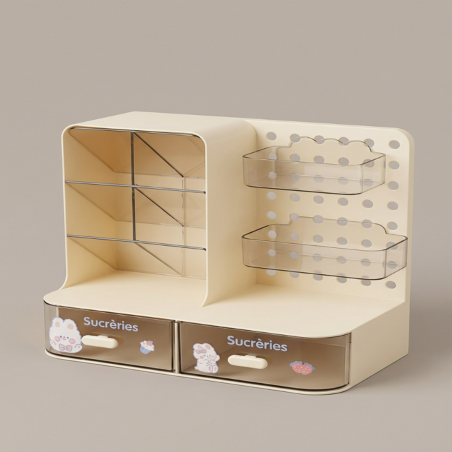 투원 다용도 미니 타공판 데스크 정리함 서랍형 책상 수납함 연필꽂이, 1개, 크림