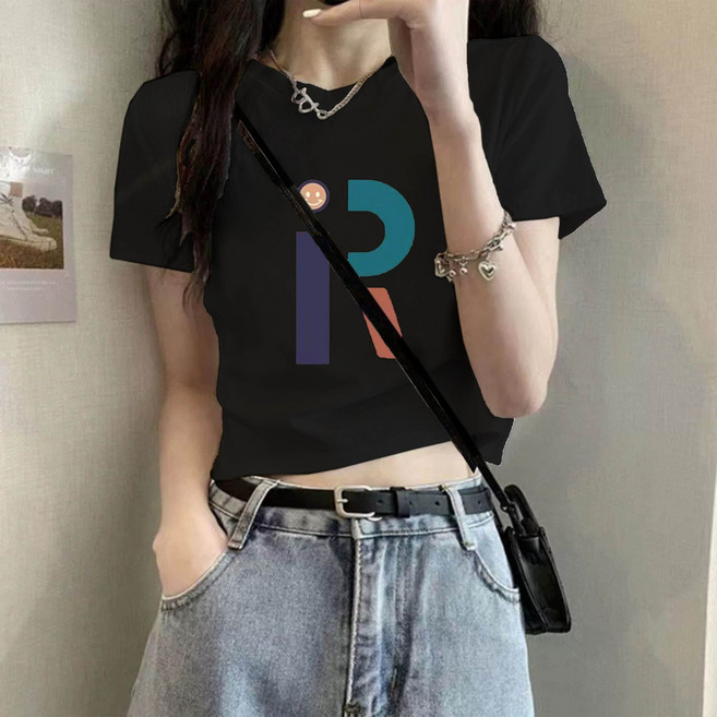 印花T恤女 短袖正肩高腰露臍上衣
