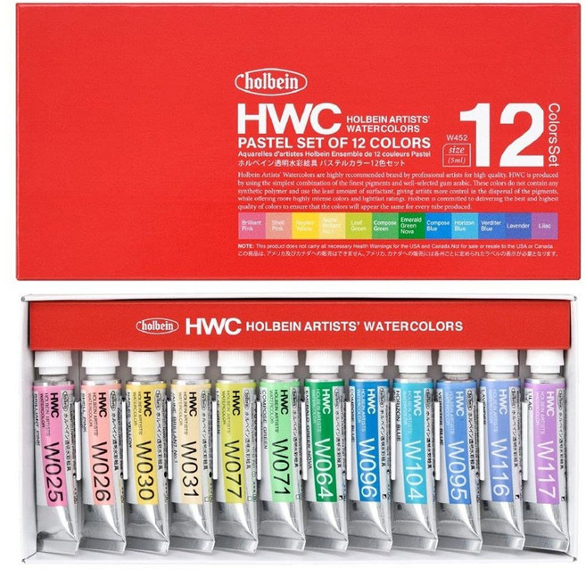 HWC 홀베인 투명 수채화 페인트 물감 5mL 파스텔 컬러 12색 세트 W452, 홀베인투명 수채화 물감 W452 5ml 파스텔 색상 1