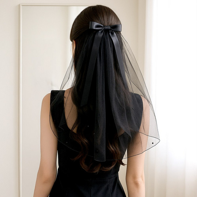 셀프웨딩 리본 면사포 베일 진주 촬영소품 브라이덜 샤워 숏 화이트, 1개, D.리본진주 블랙2단