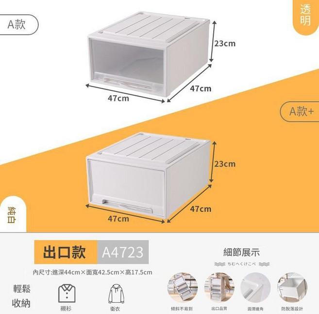 Neat 5L 透明抽屜式收納盒, 51L 深47*寬47*高23cm 加厚款 - 透明抽屜, 1套