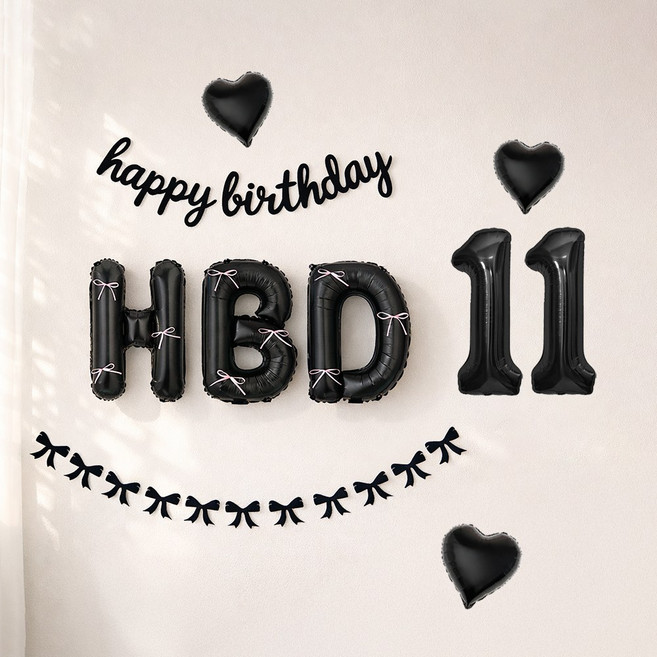해피제이니 HBD 이니셜 생일 호일풍선 블랙 리본 생일가랜드 파티용품 세트, 1세트, 블랙풀세트 숫자11