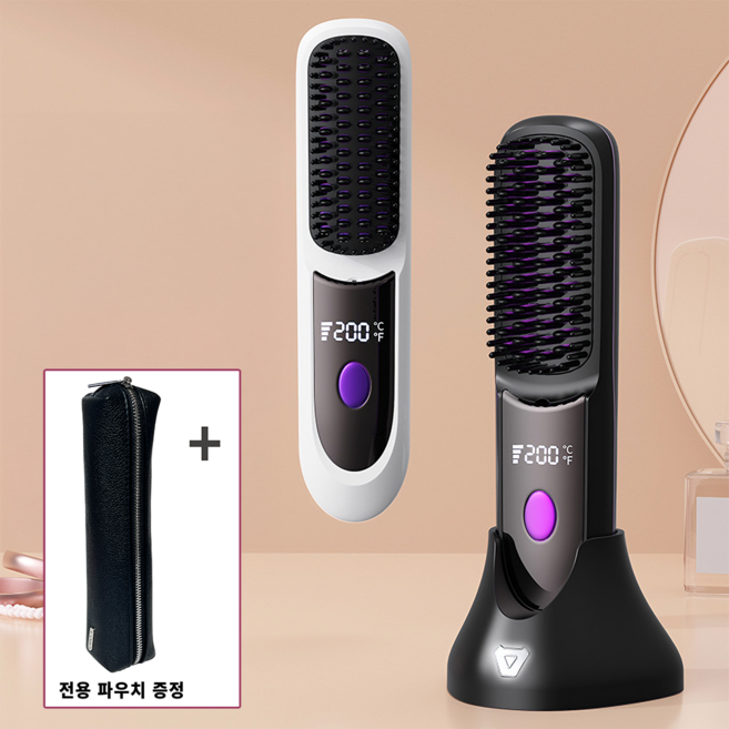 프라임허브 청담스타일 휴대용 무선 빗 고데기 볼륨고데기 여행용 헤어브러쉬 매직기 뿌리볼륨, 블랙