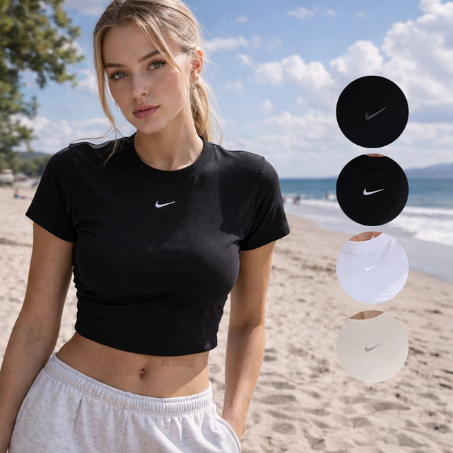 나이키 여자 데일리티셔츠 슬림핏 스우시 크롭 반팔티셔츠