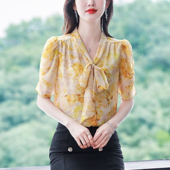 COSYEVNO 여성 봄여름용 플라워 타이넥 반팔 블라우스 오피스룩 LFHxfs-9