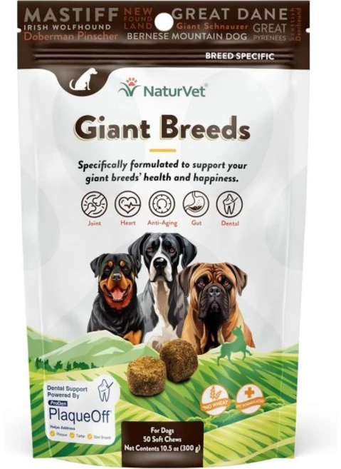 불독 품종 - 관절 지원 소화 피부 털 관리 개용 종합 비타민 미네랄 오메가-3 Plaquef 포함 밀가루 품종용 50개 소프트 츄 NaturVet, Giant Breeds - 쿠팡