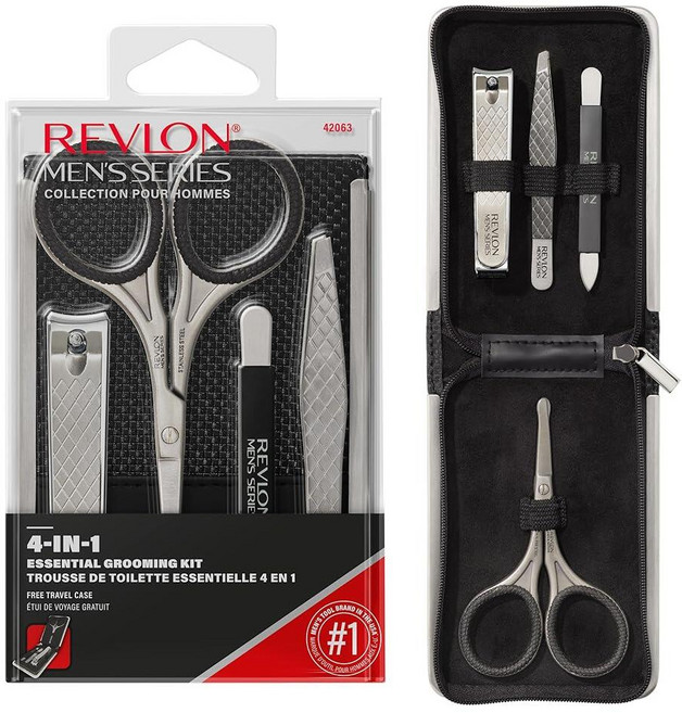 Revon 남성용 그루밍 키트 5피스 여행 필수품 세트 손톱깎이 가위 줄 핀셋 및 휴대용 케이스 포함 스테인리스 스틸, Revlon 남성용 그루밍 키트, 5피스 여행 필수품