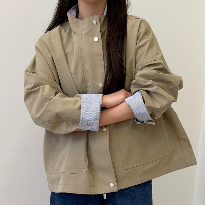 로야셀 여성용 봄 하이넥 워크자켓 스트라이프 배색 빅사이즈