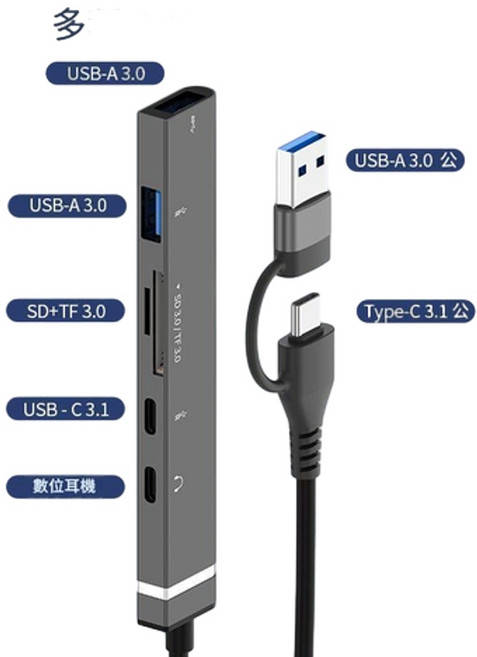 RENZHI 六合一USB3 0擴充塢 Type C轉接頭, 灰色 六合一介面 多功能擴充套件器, 1個
