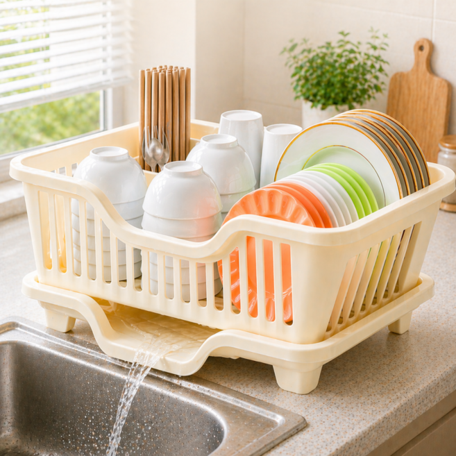 엘스토리아 식기건조대 자동배수 미니 대용량 물빠짐 주방 설거지 건조대, 1개, 크림 아이보리, 1단