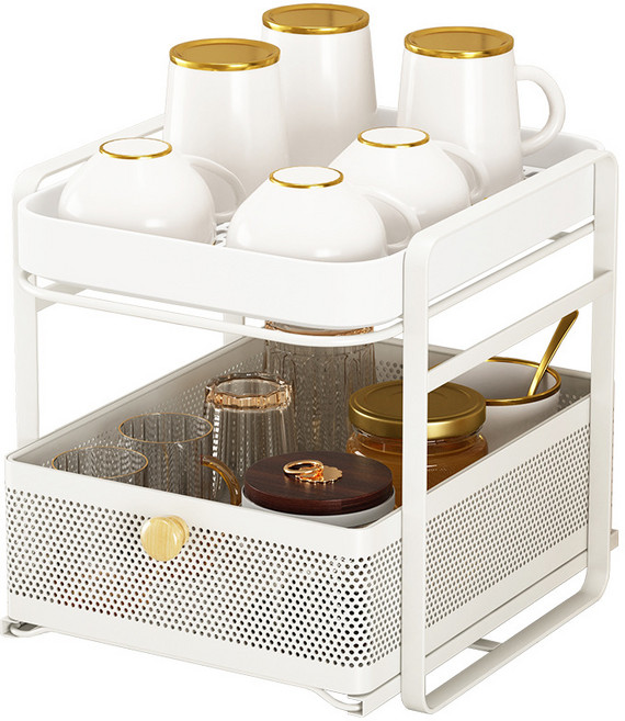 우이지아 컵건조대 보관함 다용도 슬라이딩 수납함, 1개, 화이트, 2단