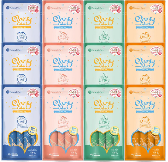 네츄럴코어 참치 메리츄 4종 12팩, 오메가3. 새우. 치즈. 해초, 1세트, 672g