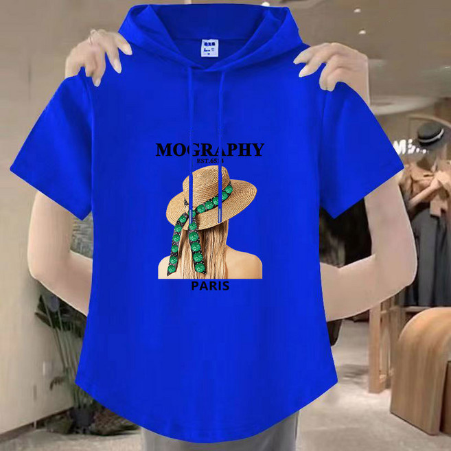 여성 여름 루즈핏 미녀 하트 레터링 프린트 100%순면 후드 반팔 맨투맨 티셔츠 반팔티 코튼티 오버핏