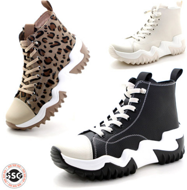 [키높이 천연소가죽] 발볼편한 쿠션감좋은 여성 유니크한 하이탑 스니커즈 밴딩끈 통굽 운동화 총길이15cm