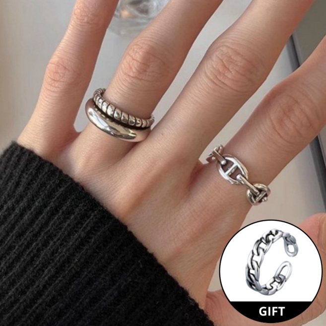 라이즈 [1+1] 실버925 복고풍 더블라인 꽈배기 반지 세트